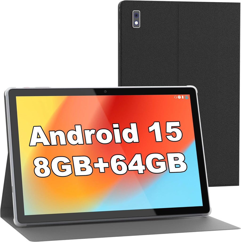 Tablette tactile BYYBUO Android 15, 10,1 pouces avec étui, 8 Go de RAM, 64 Go de ROM, processeur quadricœur, batterie 5000 mAh, écran tactile IPS FHD 1280 x 800, double caméra 5 MP + 8 MP, Bluetooth, Wi-Fi, boîtier en métal, SMARTPAD A10_L