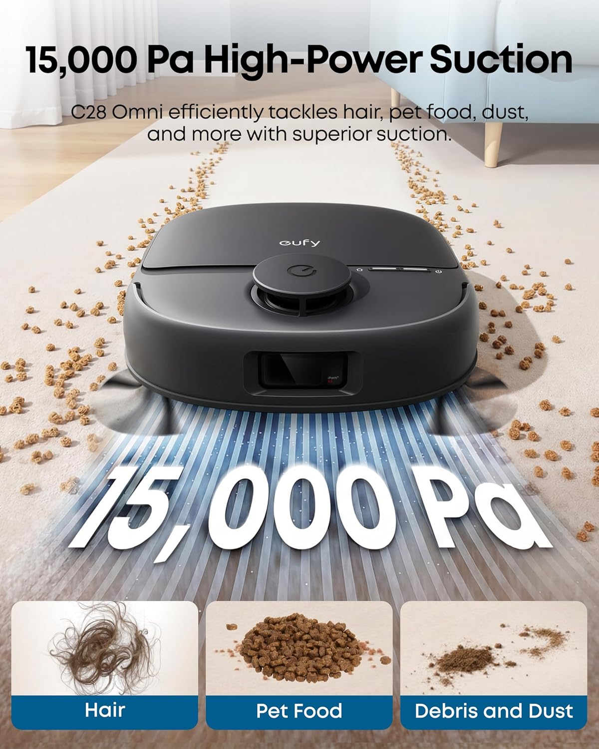 Aspirateur robot eufy C28 pour poils d'animaux, aspiration de 15 000 Pa, rouleau de nettoyage autonettoyant HydroJet™, brosse anti-emmêlement DuoSpiral, station de vidage automatique tout-en-un, détection d'obstacles par IA – Modèle pratique