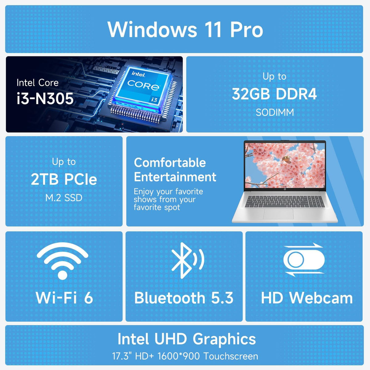 Ordinateur compact portable HP 17,3 pouces pour particuliers, étudiants et professionnels. Licence à vie pour Office 365. Écran tactile 17,3 pouces, processeur Intel 8 cœurs avec Copilot, 32 Go de RAM, 128 Go eMMC + 2 To PCIe, cache de