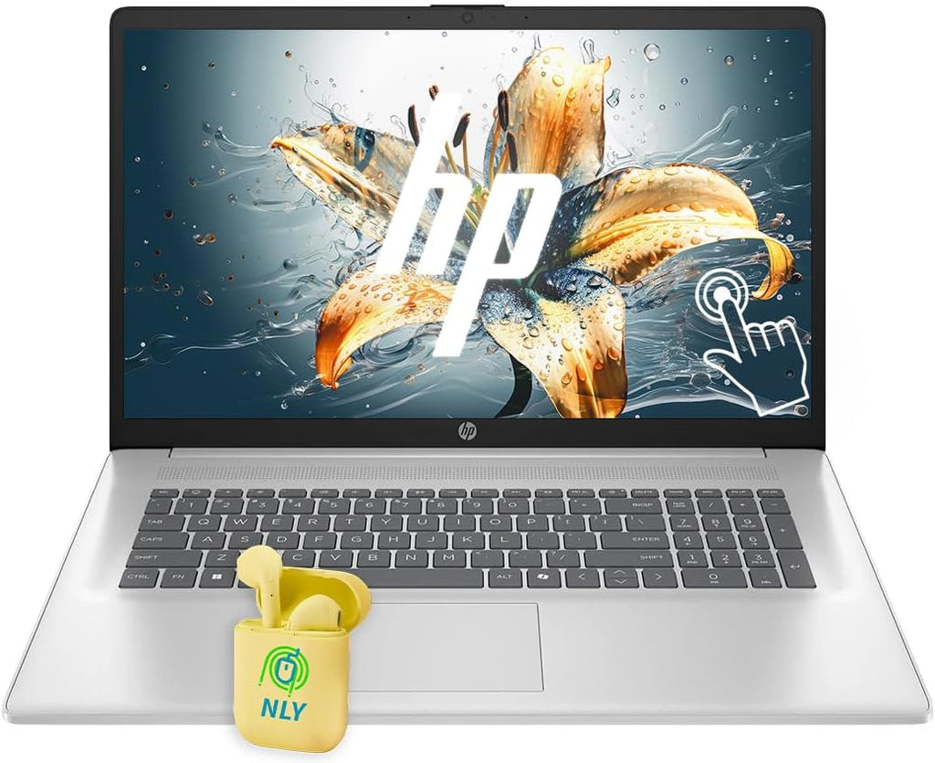 Ordinateur compact portable HP 17 : écran tactile HD+ LED antireflet de 17,3 pouces, Windows 11, 32 Go de RAM, SSD de 1 To, processeur AMD Ryzen 5, carte graphique AMD Radeon, pavé numérique, écouteurs NLY, couleur argent.