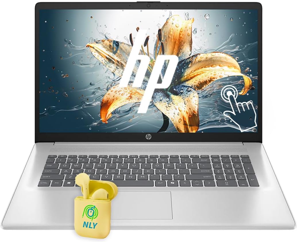 Ordinateur compact portable HP 17 : écran tactile HD+ LED antireflet de 17,3 pouces, Windows 11, 32 Go de RAM, SSD de 1 To, processeur AMD Ryzen 5, carte graphique AMD Radeon, pavé numérique, écouteurs NLY, couleur argent.
