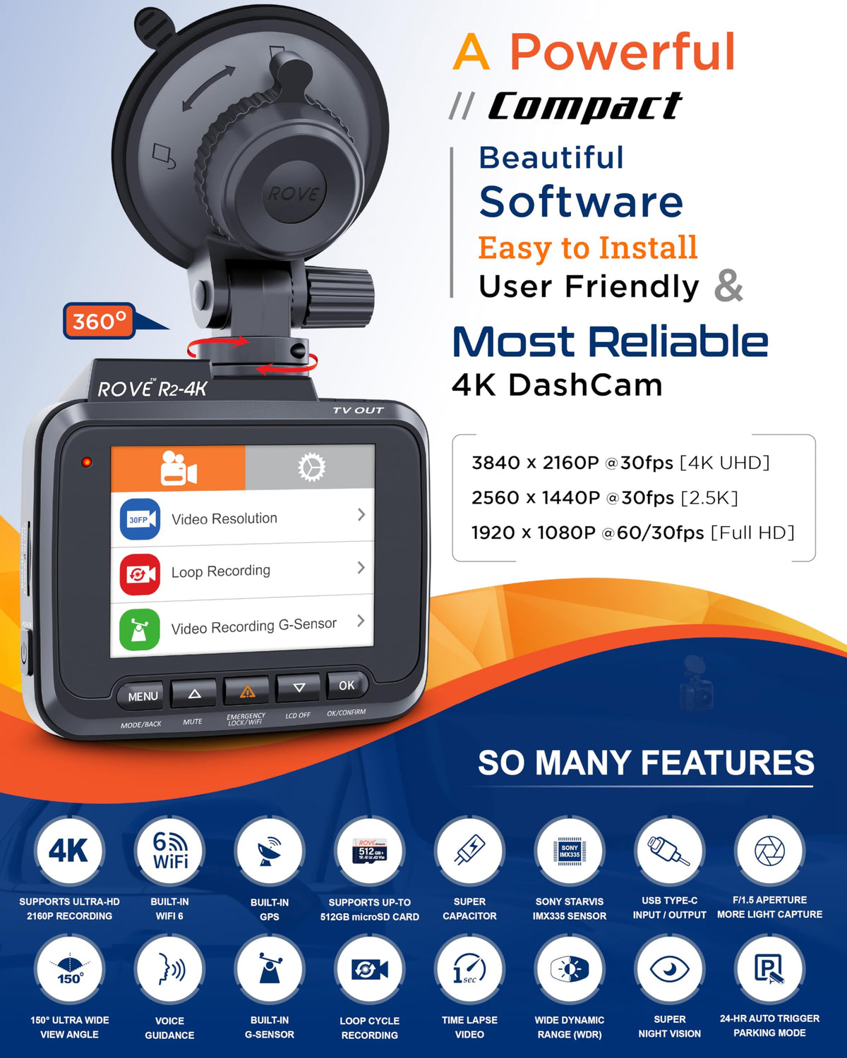 Caméra embarquée ROVE R2-4K doté de Wi-Fi, GPS, vision nocturne et angle de 150°
