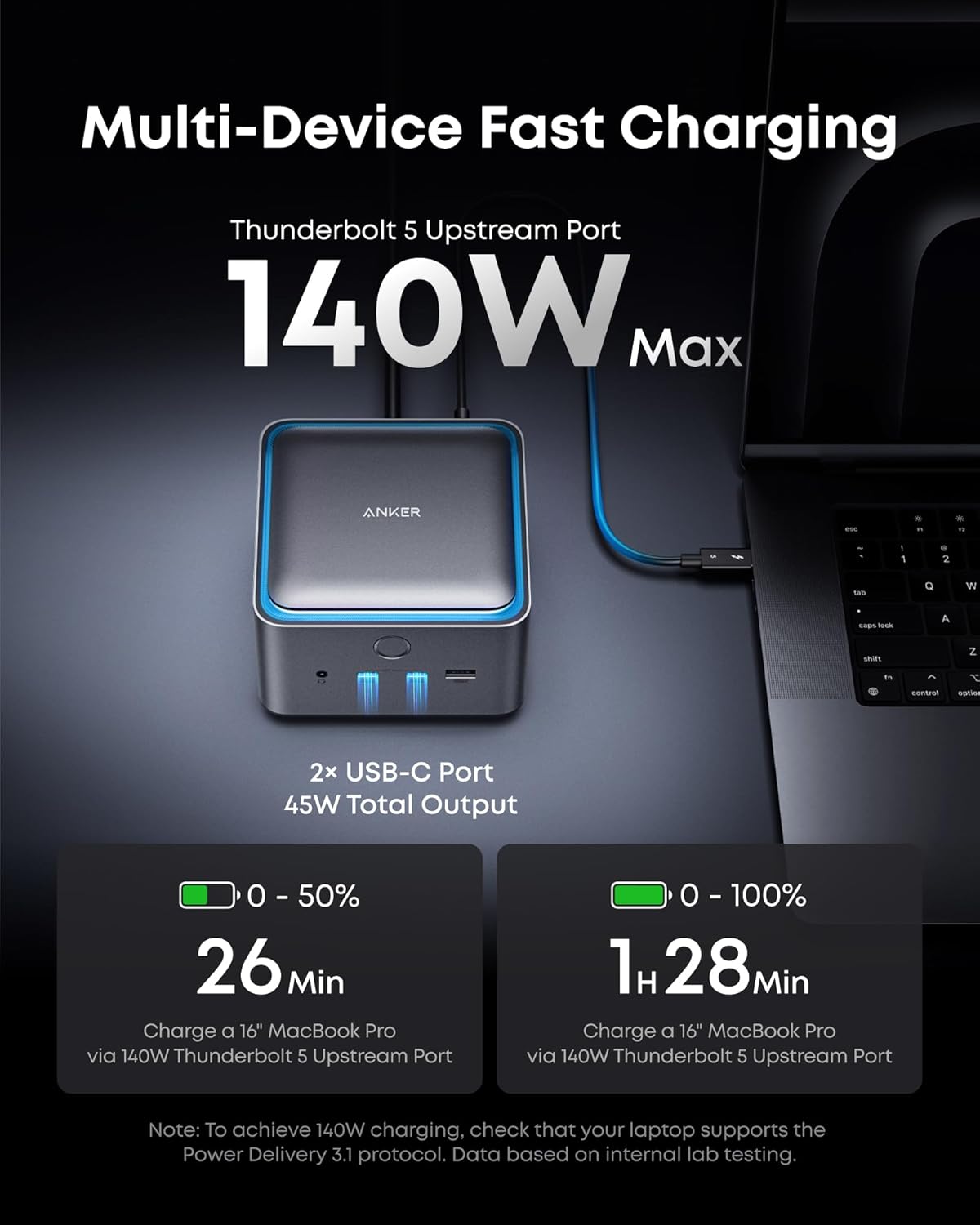 Station d'accueil Anker Prime TB5 14-en-1 Thunderbolt 5 avec transfert maximal de 120 Gbit/s, charge maximale de 140 W, système de refroidissement, double affichage jusqu'à 8K pour ordinateurs portables TBT 5/4