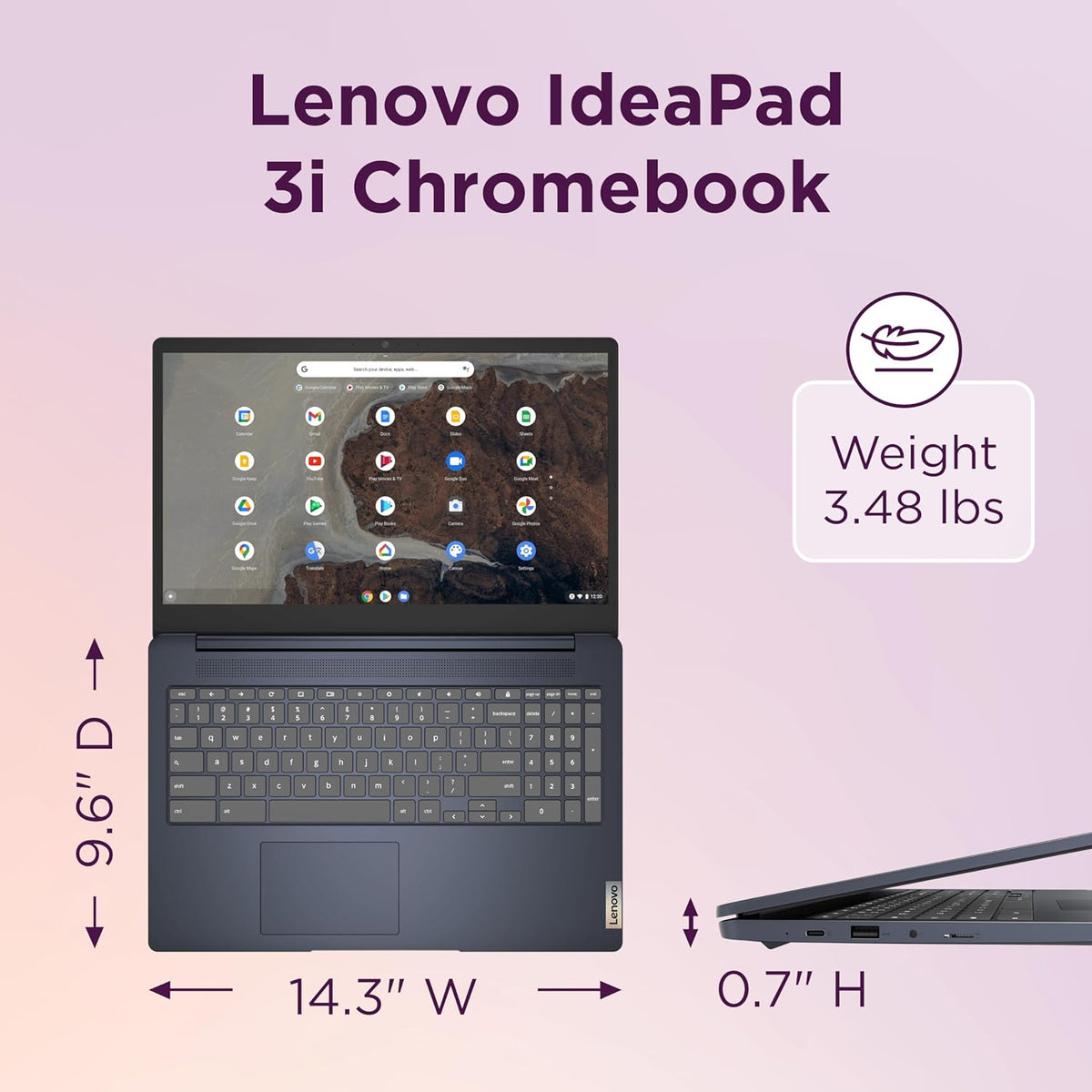 Chromebook Lenovo IdeaPad 3i, écran FHD 15,6 pouces, processeur Intel Celeron N4500, 8 Go de RAM, 64 Go de stockage eMMC, résolution 1920 x 1080 pixels, webcam 720p, Chrome OS, bleu abysse