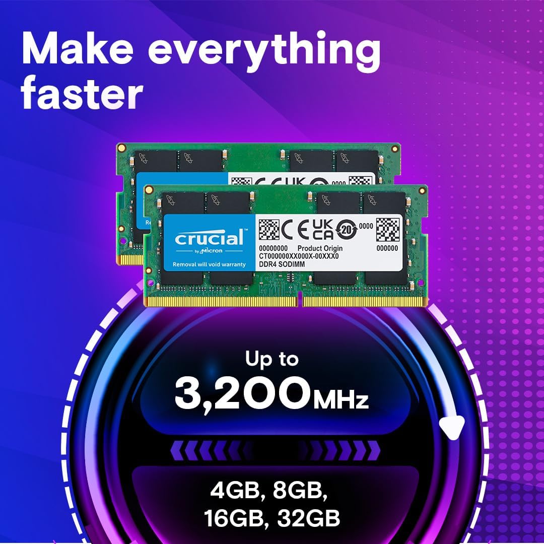Kit de mémoire vive Crucial DDR4 16 Go (2 x 8 Go), 3 200 MHz (PC4-25600), sous-cadençable à 2 933/2 666 MHz, mémoire pour ordinateur compact portable SODIMM 260 broches, compatible avec les processeurs Intel Core de 13e génération et AMD Ryzen 7000