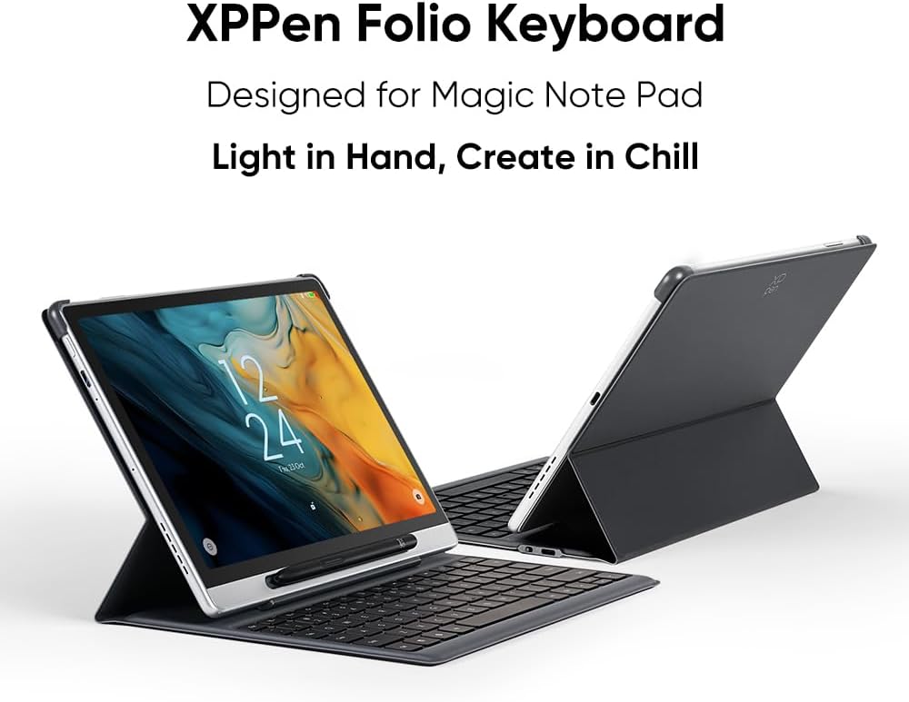 Tablette tactile de prise de notes numérique couleur XPPen 3 en 1 de 10,95 pouces avec 16 384 niveaux de pression et clavier folio XPPen pour Magic Note Pad ACK09. Étui de protection avec support et raccourcis clavier.