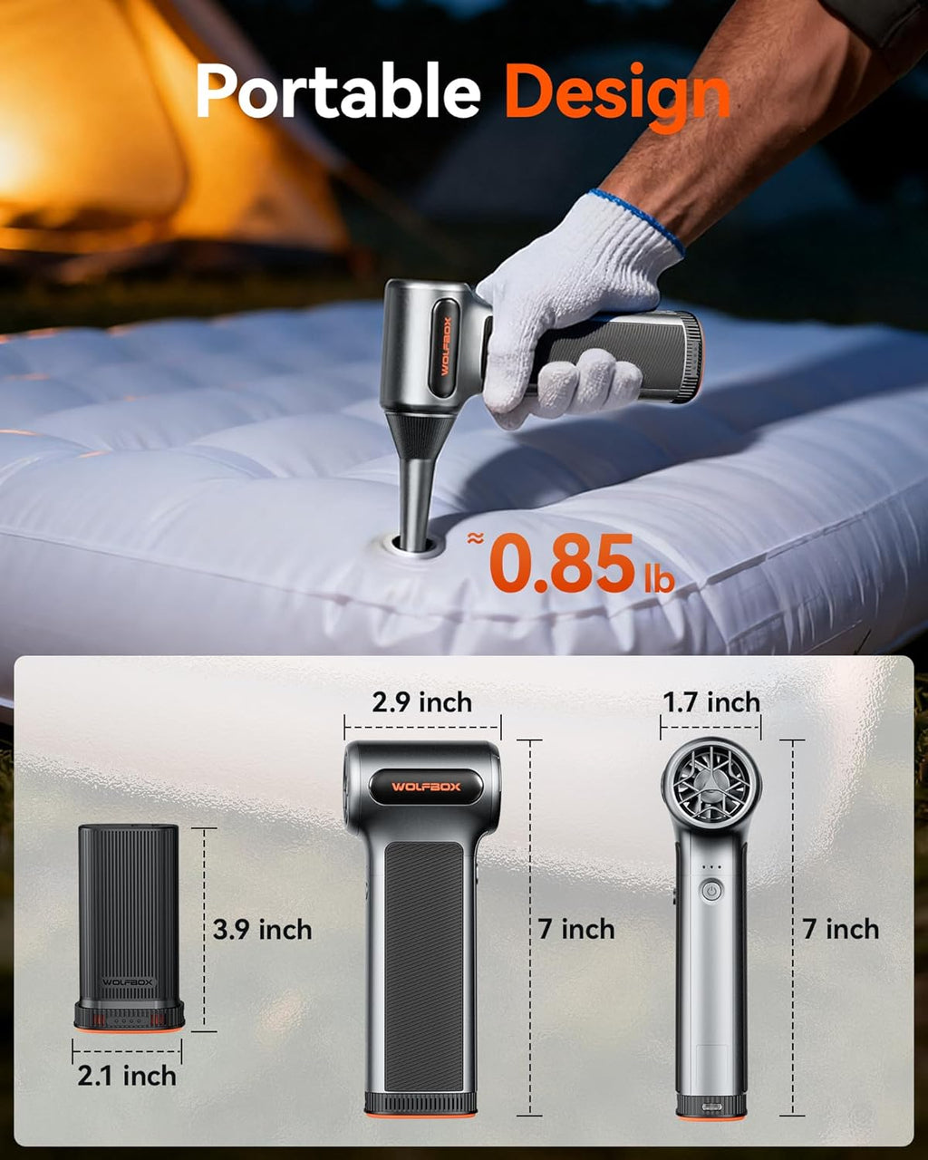 Souffleur à air comprimé WOLFBOX MF200 doté de batterie amovible et 4 embouts, mini souffleur à connectivité sans fil à 3 vitesses réglables pour clavier d'ordinateur, nettoyage de voiture, maison et extérieur