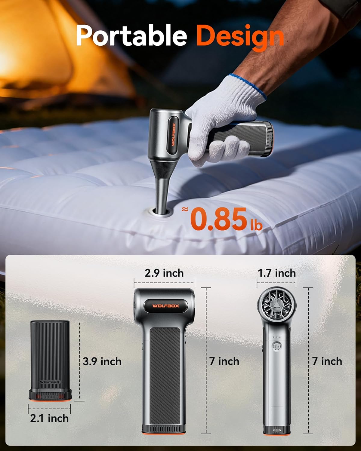 Souffleur à air comprimé WOLFBOX MF200 doté de batterie amovible et 4 embouts, mini souffleur à connectivité sans fil à 3 vitesses réglables pour clavier d'ordinateur, nettoyage de voiture, maison et extérieur
