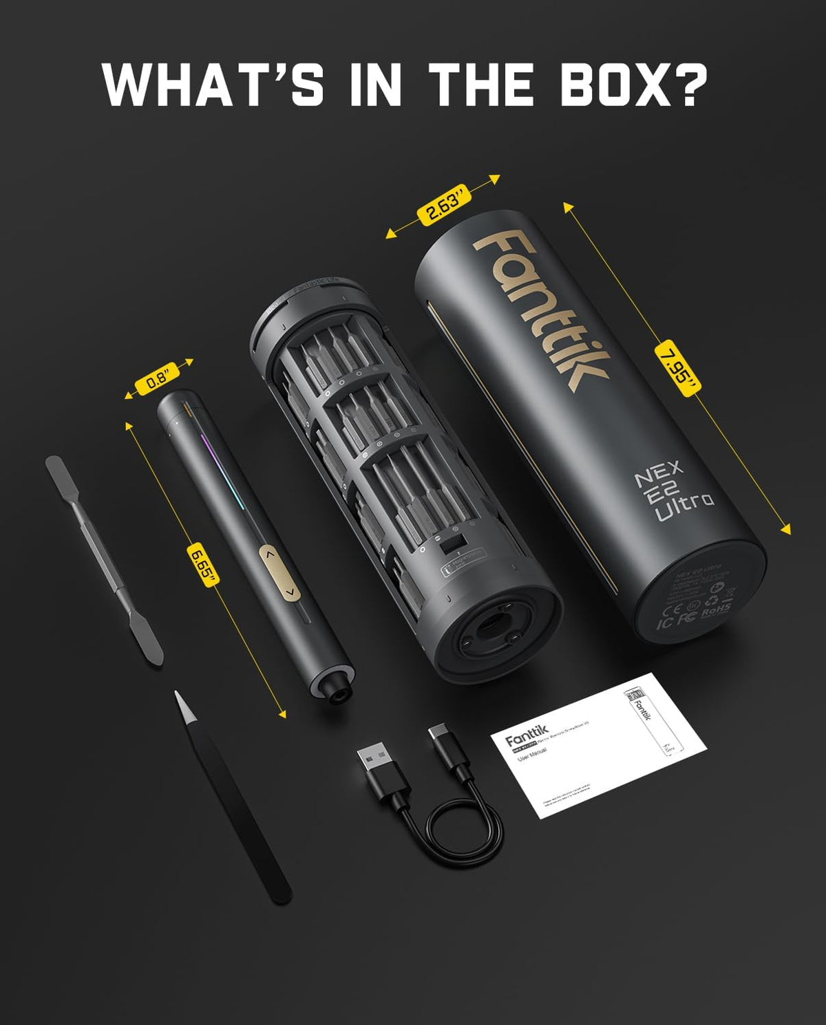 Tournevis électrique ultra mini Fanttik E2, sans fil, couple max. 0,6 Nm, 50 embouts magnétiques, hexagone 5/32'', rangement magnétique, outil de réparation pour appareils électroniques, appareils photo, ordinateurs portables et PC (gris)