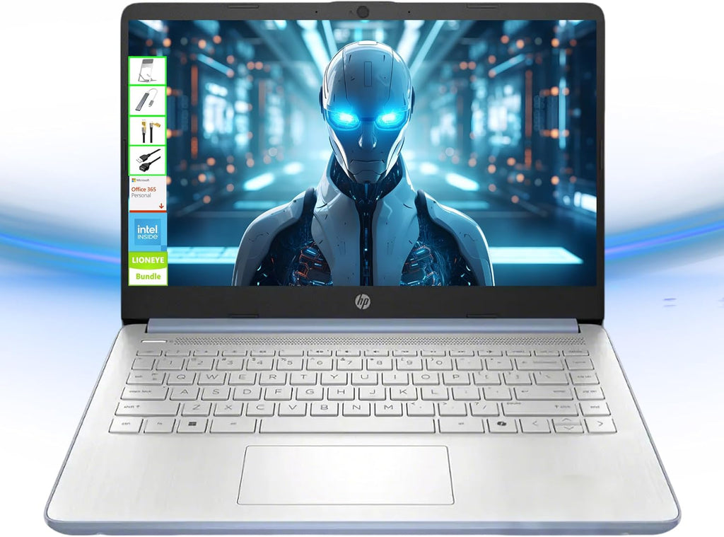 Ordinateur compact portable HP avec Microsoft Office et 1 To de stockage cloud (1 an) | Écran HD 14 pouces | 4 Go de RAM | Disque dur UFS 128 Go | Processeur Intel quadricœur (plus performant qu'un i3-10110U) | Webcam | USB-C | Windows 11 Famille en