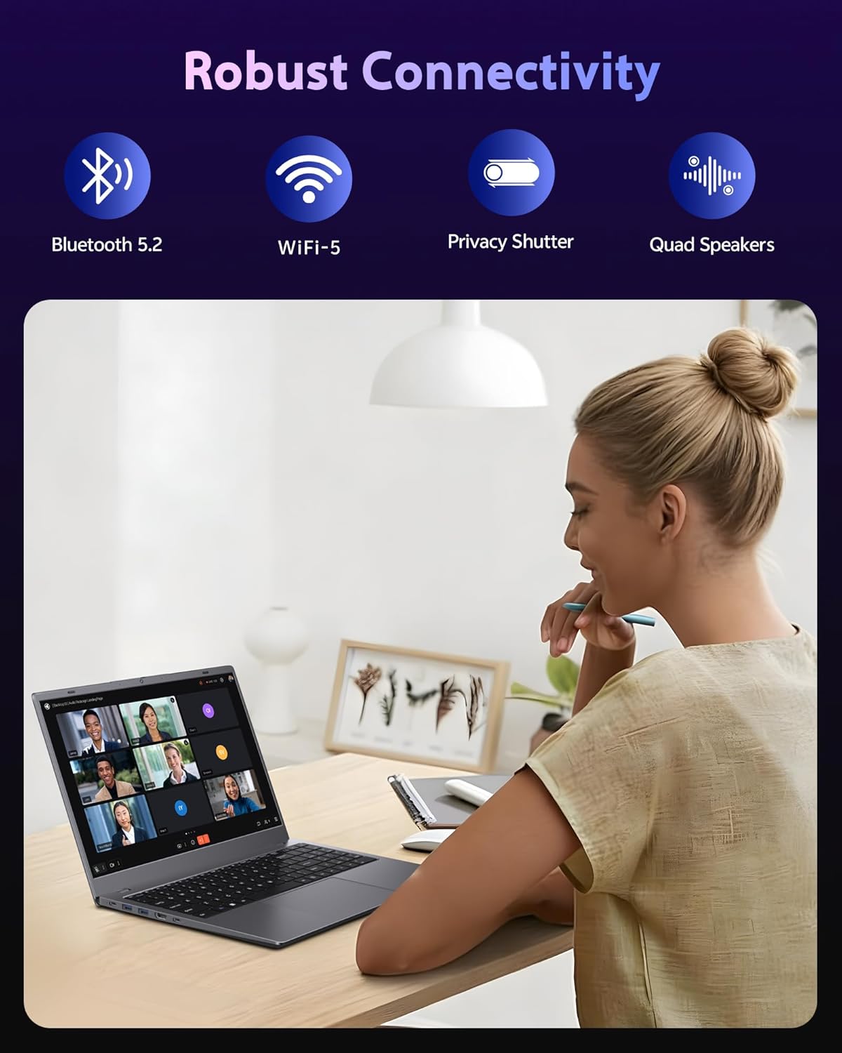 Ordinateur compact portable avec 16 Go de RAM, processeur Pentium 6500Y (plus performant que le N5095 jusqu'à 3,4 GHz), SSD de 256 Go, écran IPS Full HD de 15,6 pouces, ports USB Type-C, USB 3.2 et HDMI, et une autonomie longue durée.
