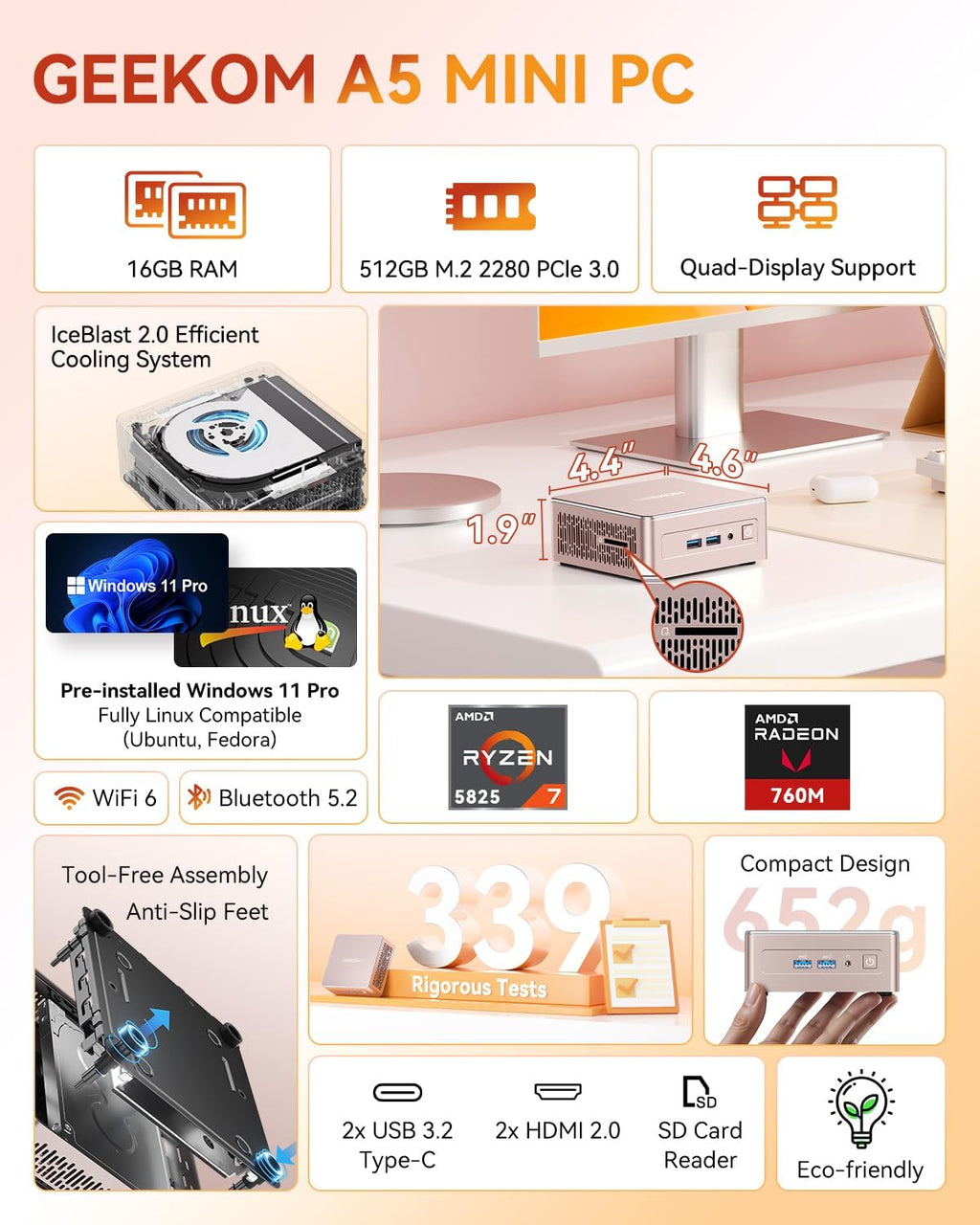 Mini PC GEEKOM A5 2026 doté de processeur AMD Ryzen 7 5825U, 16 Go de RAM DDR4 (non LPDDR), SSD NVMe 512 Go, disque dur SATA 2,5", carte graphique Radeon Vega 8, Windows 11 Pro, quadruple affichage 8K, double port HDMI, 6 ports USB, lecteur de carte…