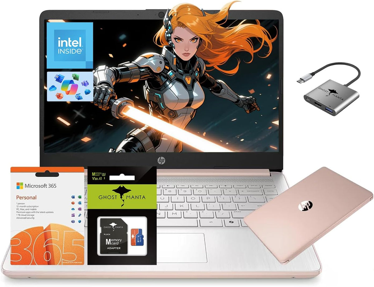 Ordinateur compact portable HP 14 Quad-Core (Beat i3), 8 Go de RAM, 256 Go de stockage (128 Go UFS + carte SD de 128 Go), abonnement d'un an à Office 365, Copilot AI, idéal pour les études et la rentrée scolaire, Windows 11 avec accessoires GM