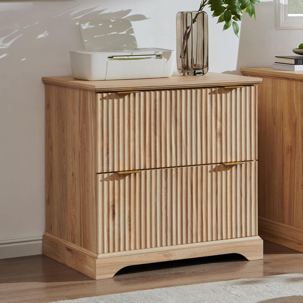 Classeur à deux tiroirs JXQTLINGMU dotée de station de charge, classeur latéral cannelé 30 pouces avec tringle de suspension pour dossiers format lettre/légal/A4, grand plateau pour imprimante, meuble de bureau en bois pour imprimante, chêne