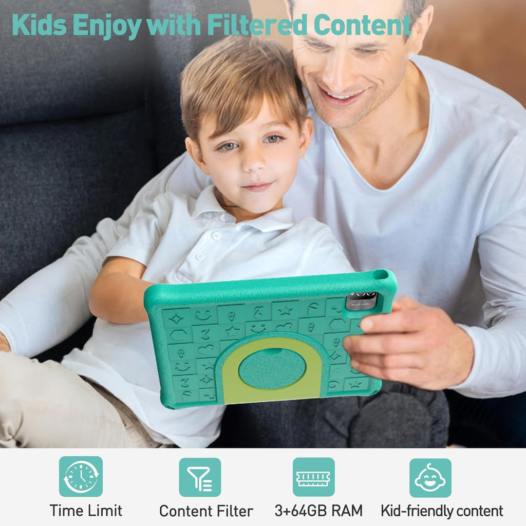 Tablette tactile PRITOM Android 15, toute nouvelle tablette 10 pouces pour enfants, contrôle parental, 64 Go + 1 To extensible, WiFi 6, éducative, jeux, logiciels pour enfants préinstallés, avec étui EVA (vert)