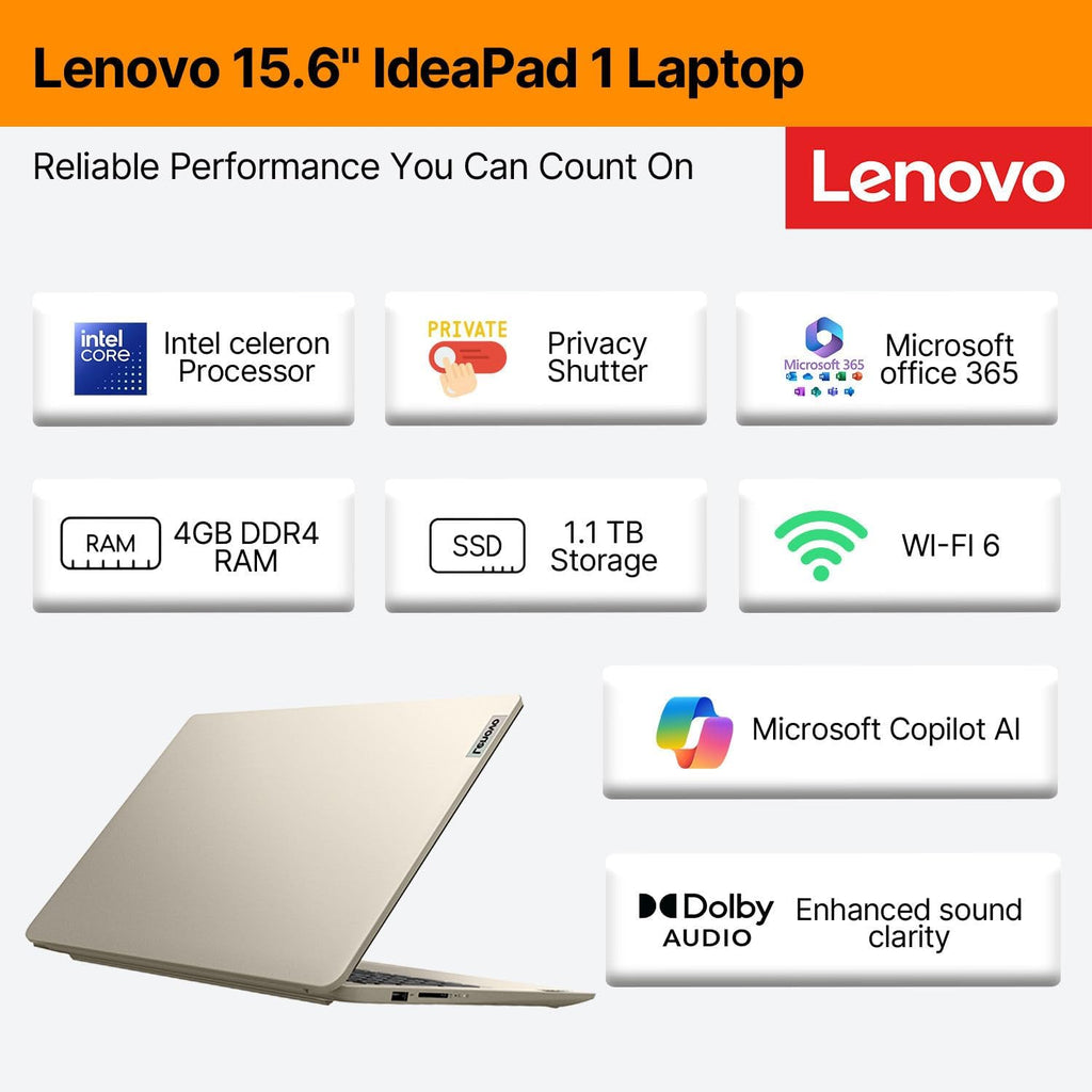 Ordinateur compact portable professionnel Lenovo IdeaPad 15,6 pouces • Microsoft Office 365 • 1,1 To de stockage • DDR4 • Processeur Intel double cœur • 1 To de stockage cloud et 128 Go de SSD • Wi-Fi 6 • Intelligence artificielle Copilot • HDMI •