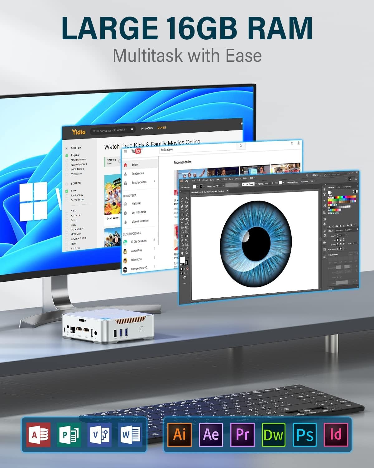 Mini PC KAMRUI GK3Plus, 16 Go de RAM, SSD M.2 de 512 Go – Modèle pratique