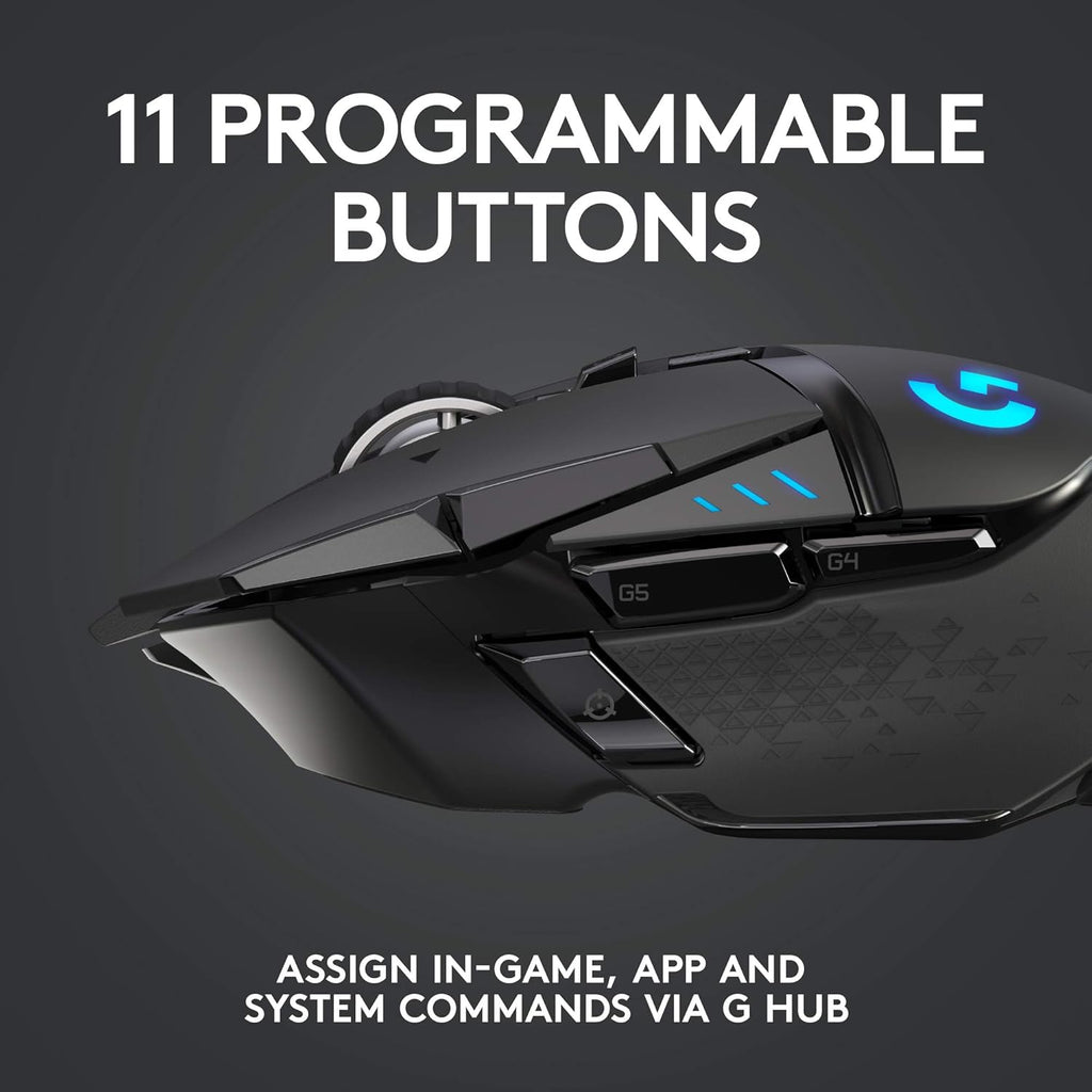 Souris gaming à connectivité sans fil Logitech G502 Lightspeed doté de capteur Hero 25K, compatible PowerPlay, poids ajustables et éclairage RVB Lightsync - Noir