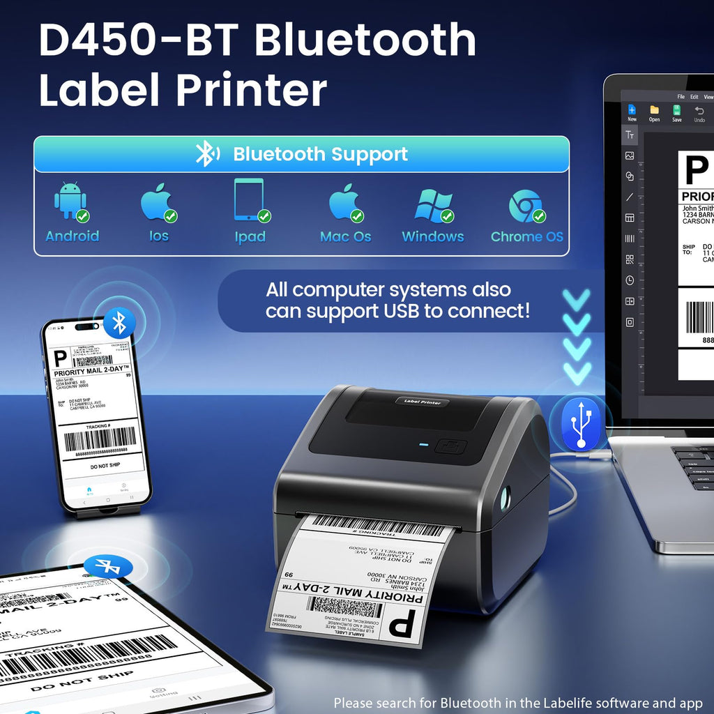 Imprimante d'étiquettes d'expédition Bluetooth OMEZIZY D450BT 4x6 – Modèle pratique