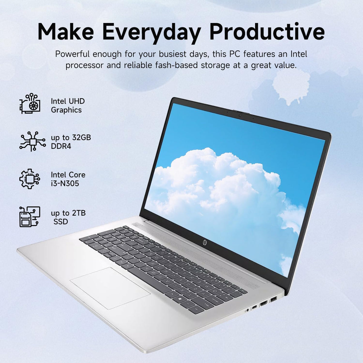 Ordinateur compact portable HP 17,3 pouces pour particuliers, étudiants et professionnels. Abonnement à vie à Office 365 pour le Web. Écran tactile 17,3 pouces. Processeur Intel 8 cœurs avec Copilot. 8 Go de RAM. Disque dur eMMC 128 Go. Cache de