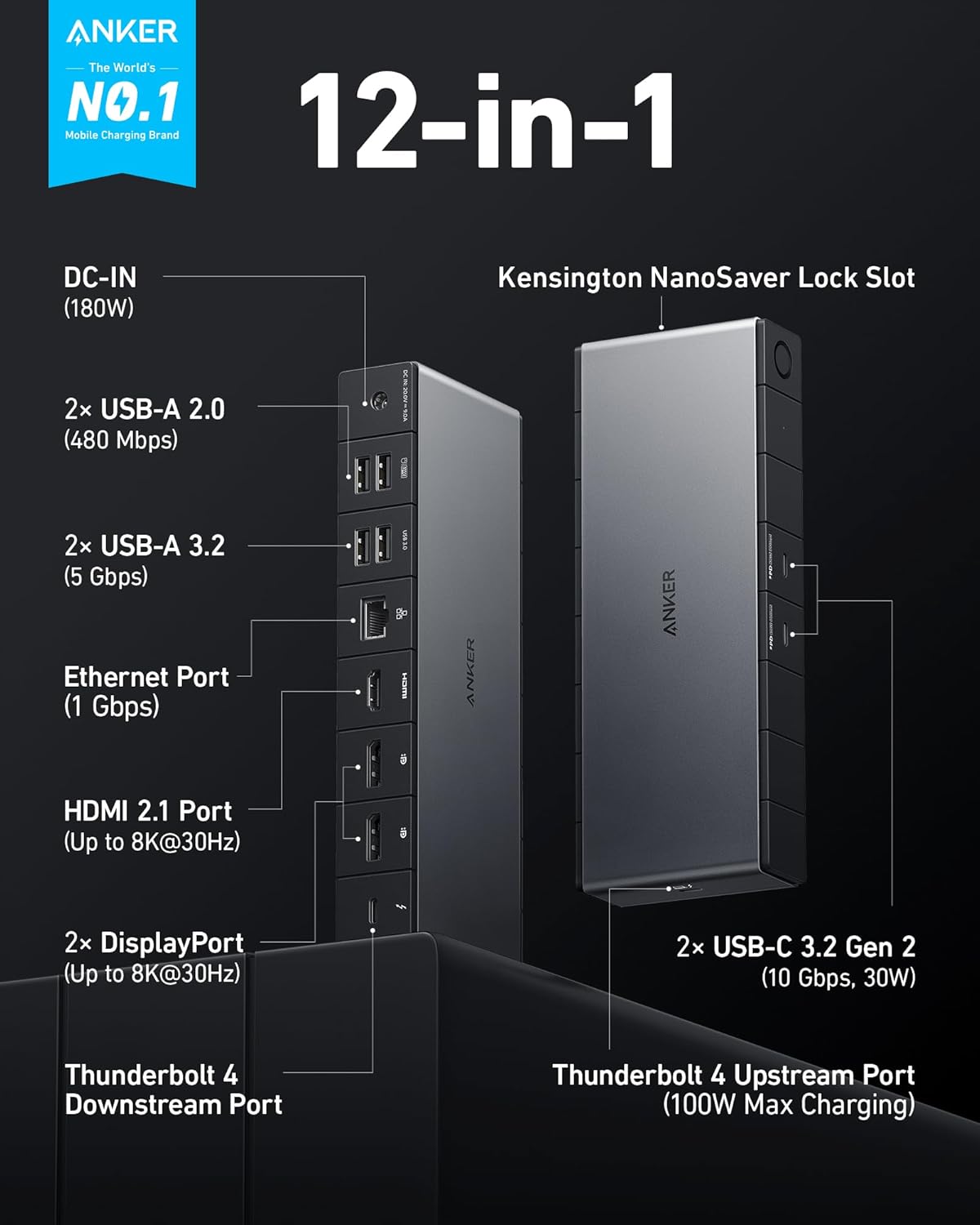 Station d'accueil Anker 778 Thunderbolt (12-en-1 Thunderbolt 4) 40 Gbit/s avec charge maximale de 100 W pour ordinateur compact portable, écran 8K ou 4K (simple ou double), Ethernet, 6 ports USB, compatible avec les ordinateurs portables Dell, HP et