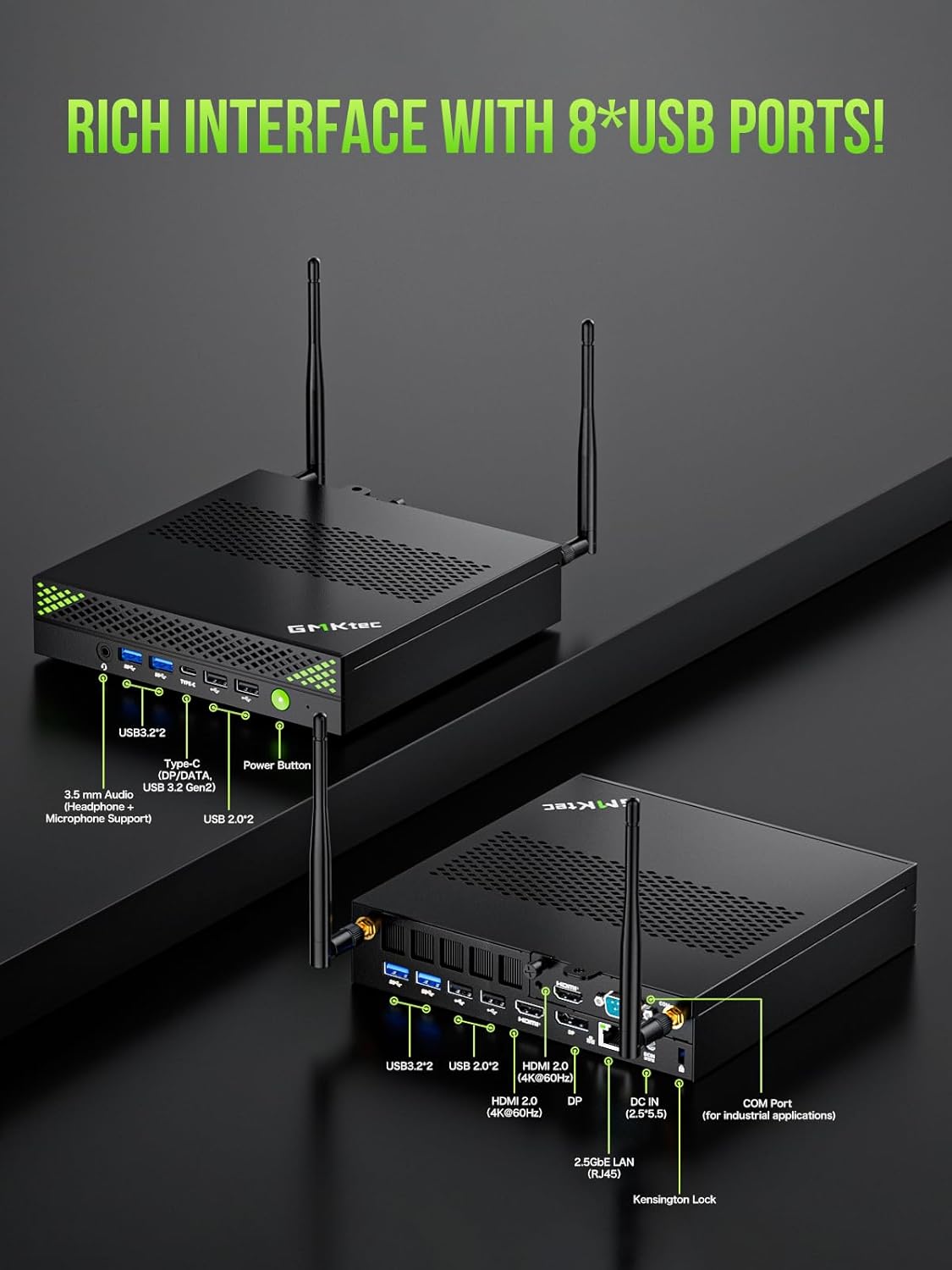 Station de travail mini PC GMKtec Intel Core i9 13900HK (14 cœurs/20 threads) allant jusqu'à 5,4 GHz, 32 Go de RAM DDR5, SSD de 1 To, 8 ports USB, COM, HDMI, DP, usage bureautique et professionnel.