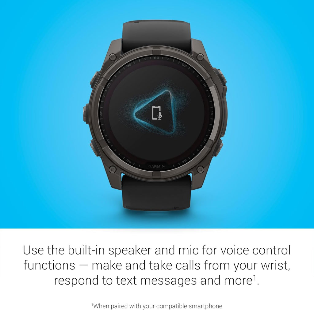 Présentation : Garmin Fenix 8 Premium Montre connectée multisport GPS pour la course à pied 51 mm, écran saphir solaire, étanche à l'énergie solaire, lampe torche intégrée, boîtier en titane DLC avec bracelet gris galet - Socle de chargement Signatur
