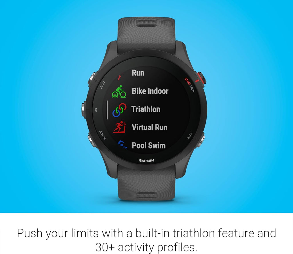Présentation : Montre connectée GPS de course à pied Garmin Forerunner® 255 : informations avancées, batterie longue durée, gris ardoise