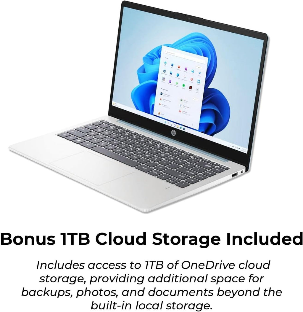 Ordinateur compact portable HP 14 Bleu clair de lune avec Office 365, processeur AMD, 4 Go de mémoire vive DDR5 intégrée, 1,1 To de stockage (128 Go SSD et 1 To OneDrive), écran HD, Windows 11, performances économes en énergie et silencieuses.