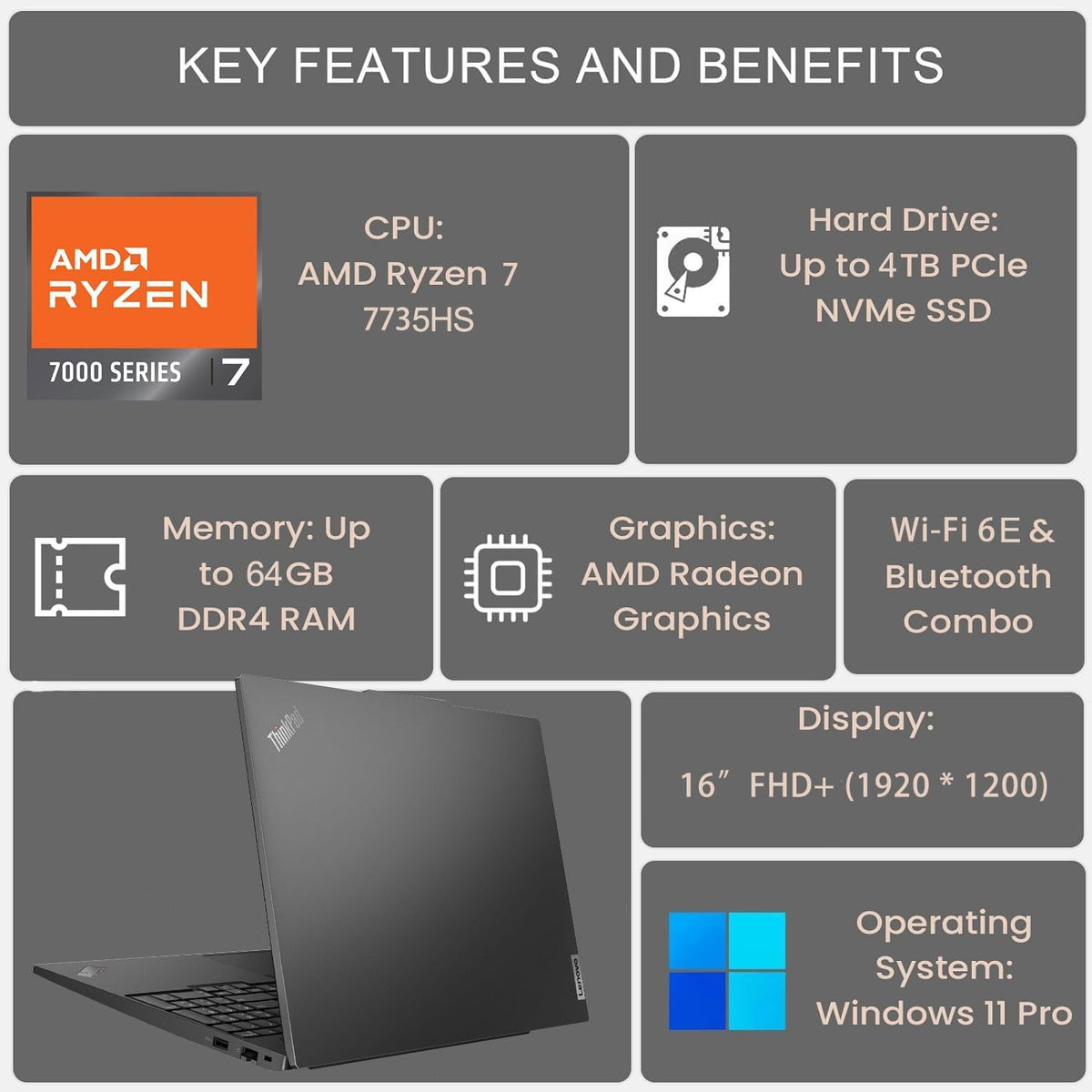 Ordinateur compact portable professionnel Lenovo ThinkPad E16 G2, écran 16 pouces FHD+, processeur AMD Ryzen 7 7735HS à 8 cœurs (supérieur au i7-1360P), 16 Go de RAM DDR5, SSD PCIe de 1 To, Wi-Fi 6E, lecteur d'empreintes digitales, clavier