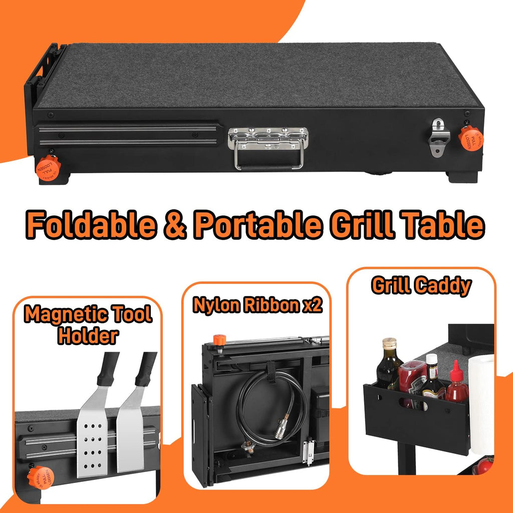 Table de cuisson pour plancha Blackstone, table de cuisson portable dotée de chariot - Convient aux autres planchas de table de 17 ou 22 pouces. Support pliable Ninja pour plancha et support Blackstone pour le camping et les pique-niques en plein air
