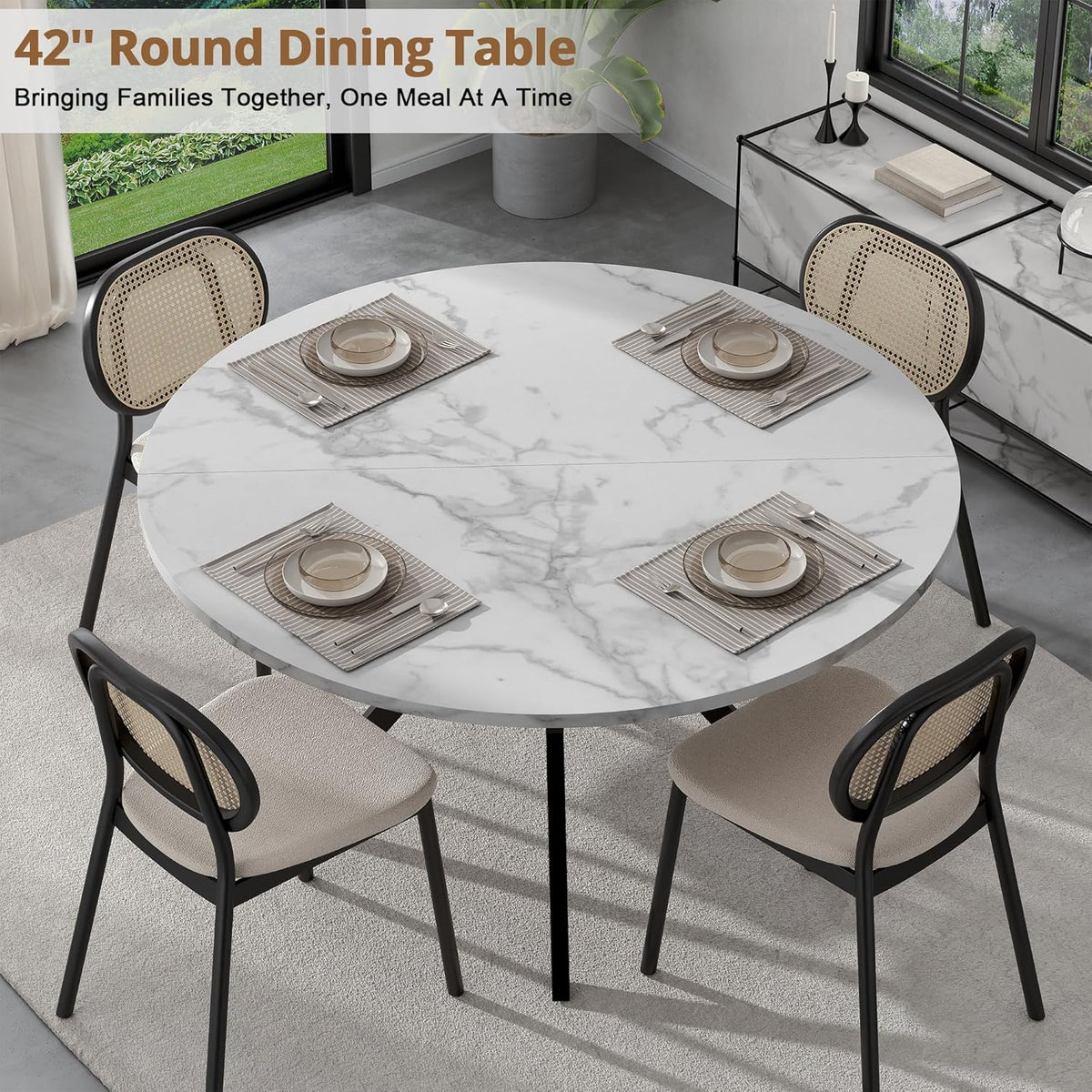 Table ronde de 107 cm (42 pouces) pour 2 à 4 personnes, table de cuisine moderne dotée de plateau en imitation marbre et pieds en métal, table ronde gain de place avec rangement, table en bois pour cuisine et salle à manger.