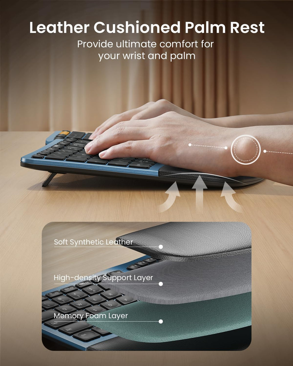 Clavier ergonomique Bluetooth rétroéclairé ProtoArc EK01 Plus, clavier à connectivité sans fil complet divisé doté de double connectivité Bluetooth et USB, repose-poignets rembourré, rechargeable, compatible Windows/Mac/Android, bleu