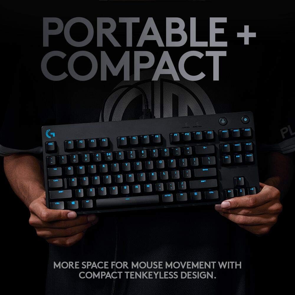 Clavier de jeu mécanique Logitech G PRO, format ultra-facile à transporter sans pavé numérique, câble micro USB détachable, touches rétroéclairées RVB LIGHTSYNC 16,8 millions de couleurs