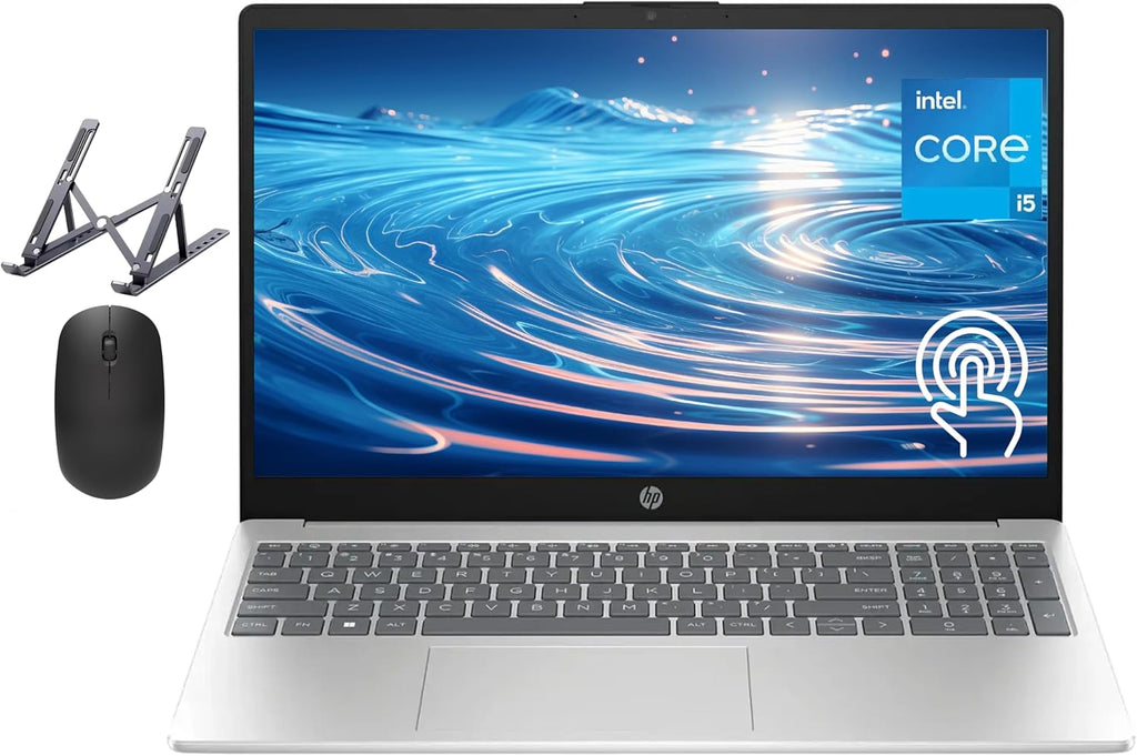 Ordinateur compact portable HP 15,6 pouces tactile, processeur Intel Core i5, 16 Go de RAM, SSD de 512 Go, pavé numérique, Bluetooth, Wi-Fi, longue autonomie, Windows 11 Famille, accessoires Alpacatec, argent