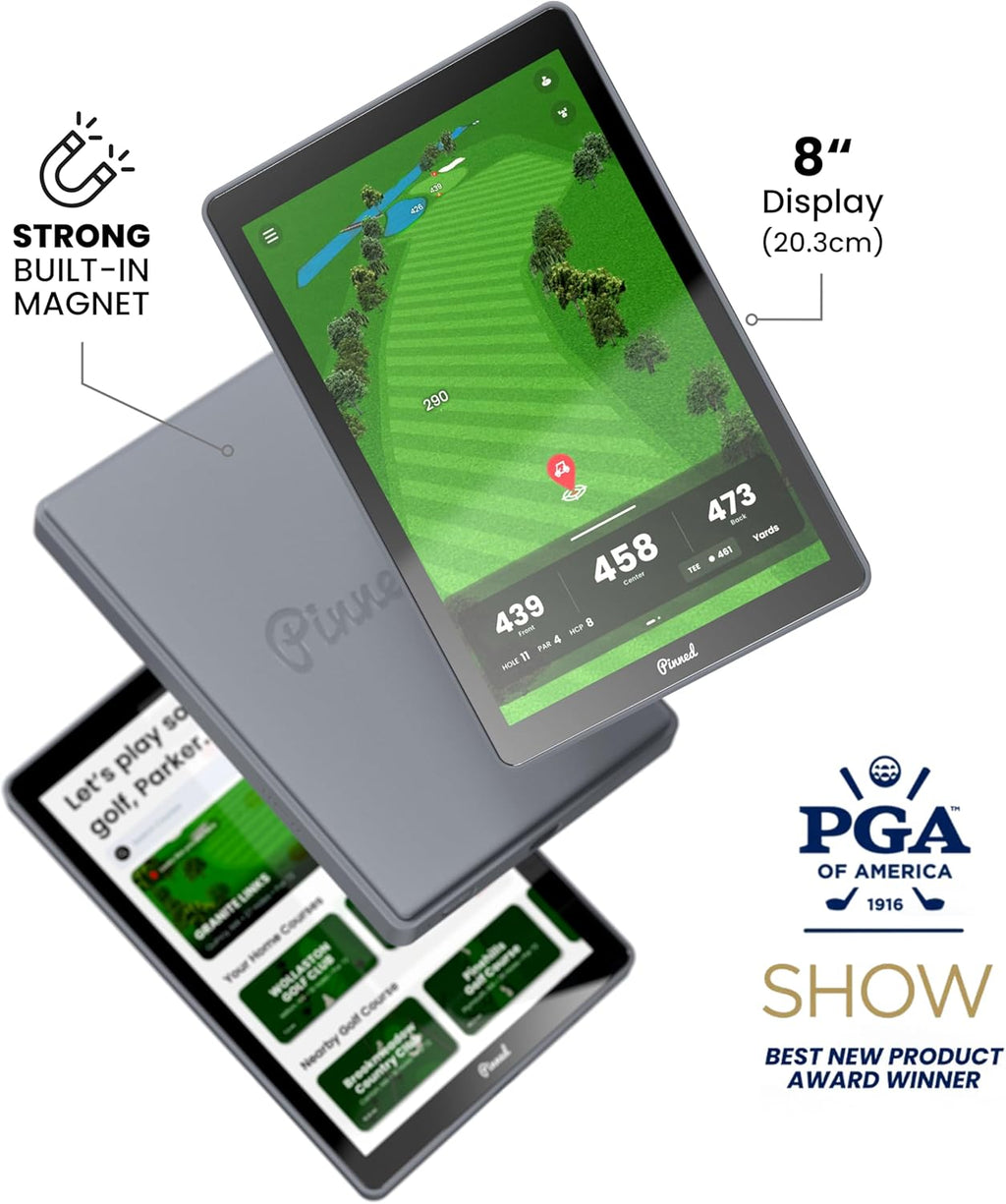 Tablette tactile GPS portable Pinned Golf - Le Caddie - Écran tactile magnétique résistant aux intempéries - Distances FCB - 45 000 cartes de parcours - Cadeau pour homme - Gris