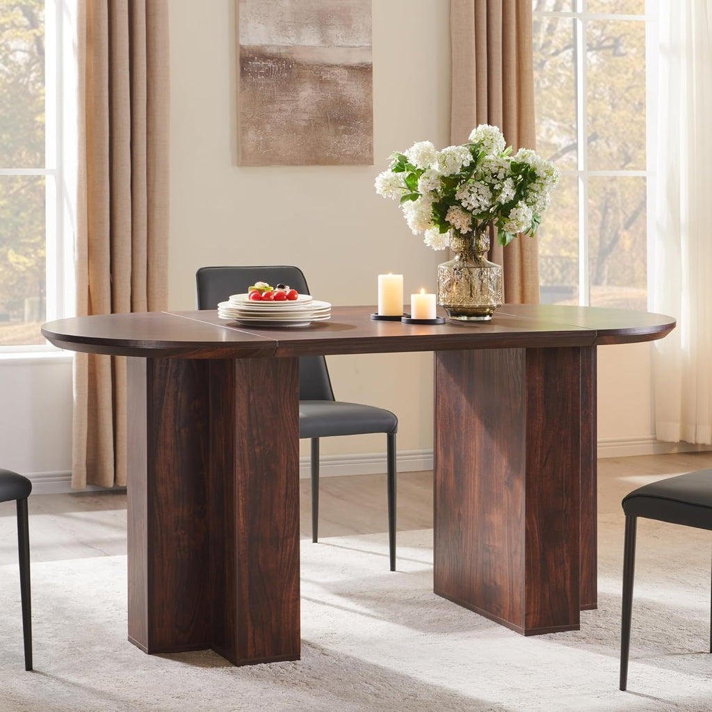Table de salle à manger ovale moderne en bois OKD de 160 cm (63 pouces) pour 4 à 6 personnes, dotée de piètement stable en forme de T, structure en métal et plateau épais. Table de cuisine robuste idéale pour la salle à manger, la cuisine ou les réun