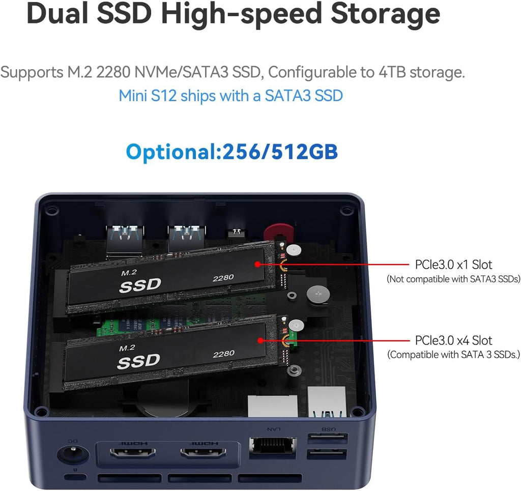 Mini PC Beelink Mini S12, mini-ordinateur de bureau quadricœur N95 de 12e génération, 16 Go de RAM DDR4, SSD de 500 Go, résolution 4K UHD, double HDMI, double Wi-Fi 2,5 Gbit/s/BT 4.0 pour bureau/domicile/HTPC/Windows 11 Home – Modèle pratique