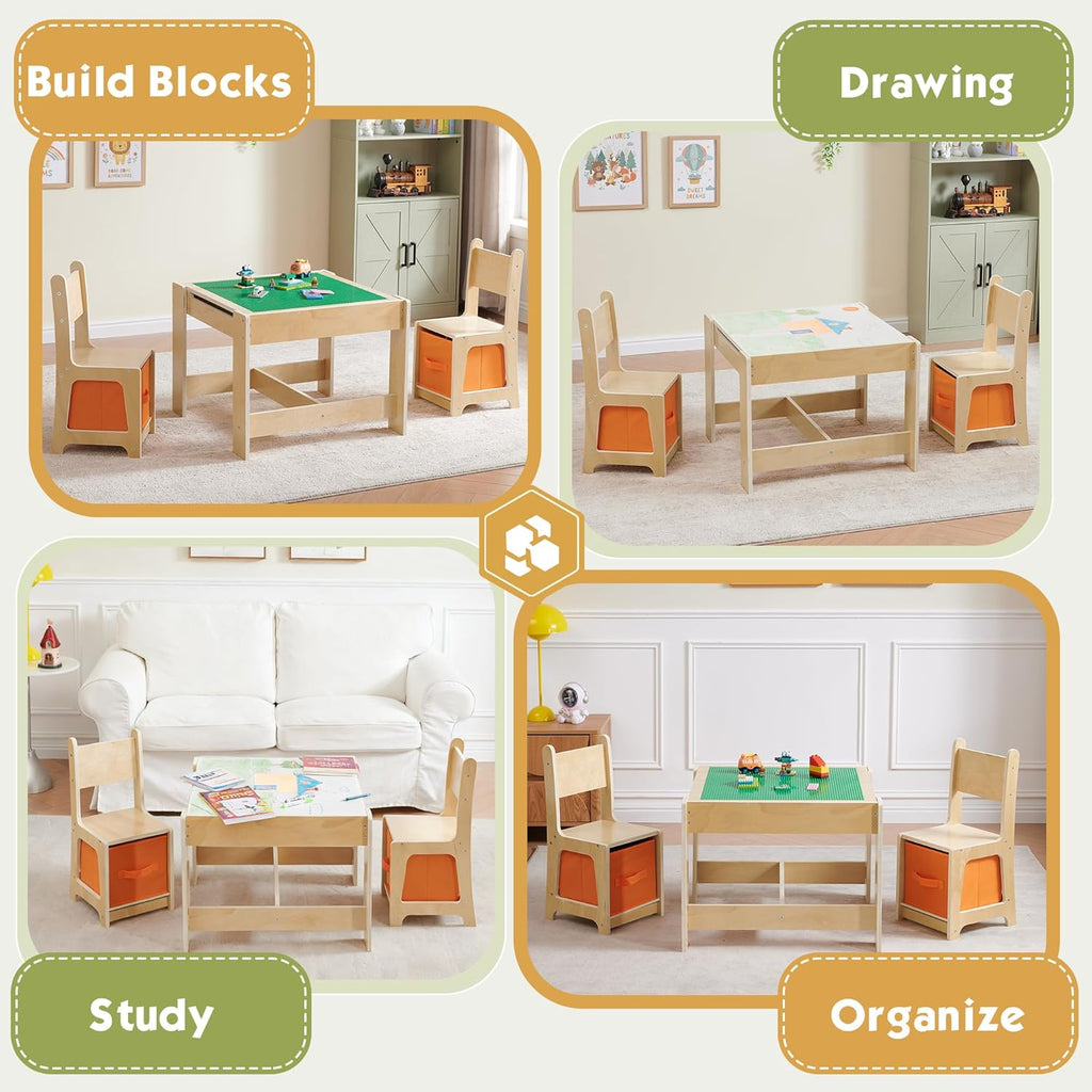 Ensemble table et chaises en bois pour enfants, table d'activités 3 en 1 dotée de tiroir de rangement, table de jeu modulable 2 en 1 avec plateau détachable pour dessiner et lire