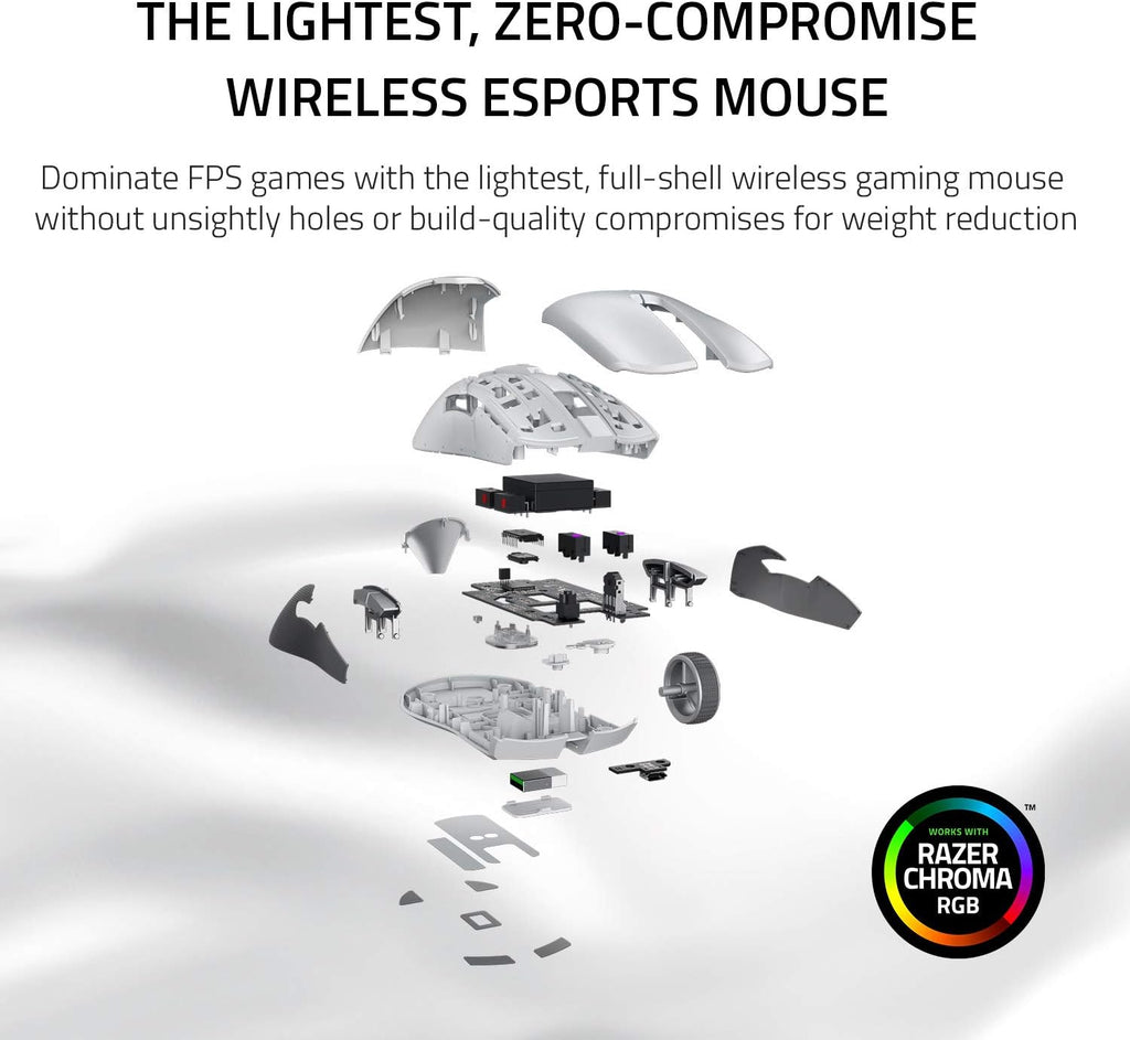 Souris gaming à connectivité sans fil ultra-légère Razer Viper Ultimate et station de charge RGB : Technologie à connectivité sans fil Hyperspeed - Capteur optique 20 000 DPI - Poids plume de 74 g - Autonomie de 70 h - Blanc mercure