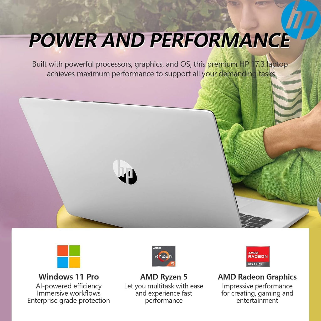 Ordinateur compact portable professionnel HP 17,3 pouces FHD avec MS Office pour le Web, processeur AMD Ryzen 5 7430U (plus performant que le Core i7-1355U), 8 Go de RAM, 756 Go de stockage (SSD 256 Go + disque dur externe 500 Go), Windows 11, WOWPC