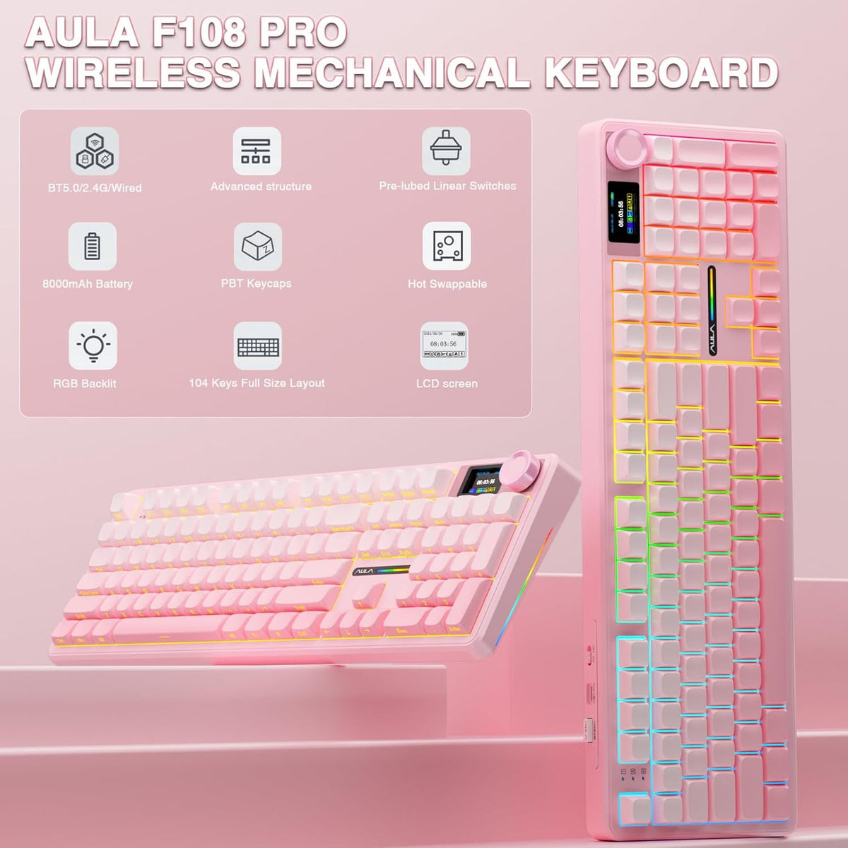 AULA F108 PRO - Clavier mécanique à connectivité sans fil doté de écran et molette, clavier complet doté de batterie 8000 mAh, commutateurs pré-lubrifiés, touches PBT imprimées latéralement, rétroéclairage RGB, touches roses personnalisables et…