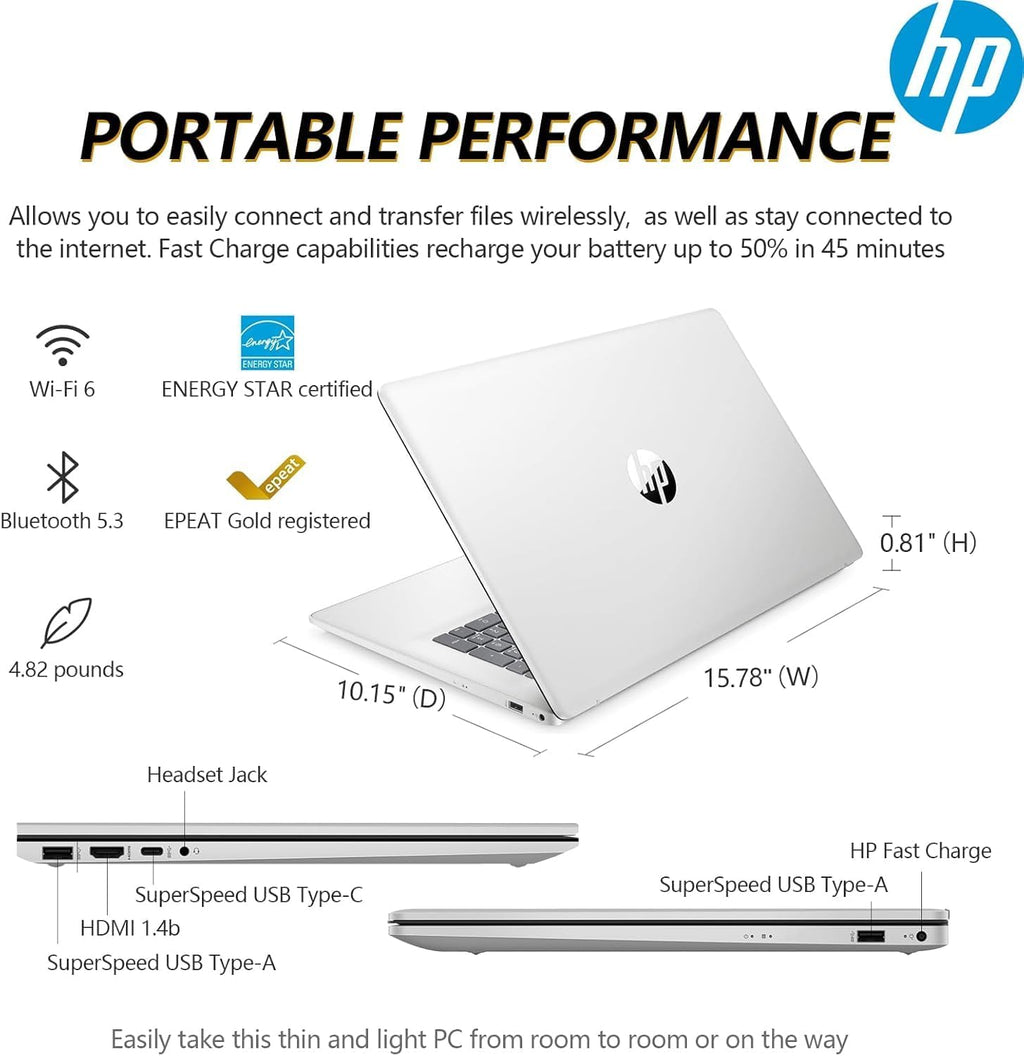 Ordinateur compact portable professionnel HP 17,3 pouces FHD avec MS Office pour le Web, processeur AMD Ryzen 5 7430U (plus performant que le Core i7-1355U), 8 Go de RAM, 756 Go de stockage (SSD 256 Go + disque dur externe 500 Go), Windows 11, WOWPC