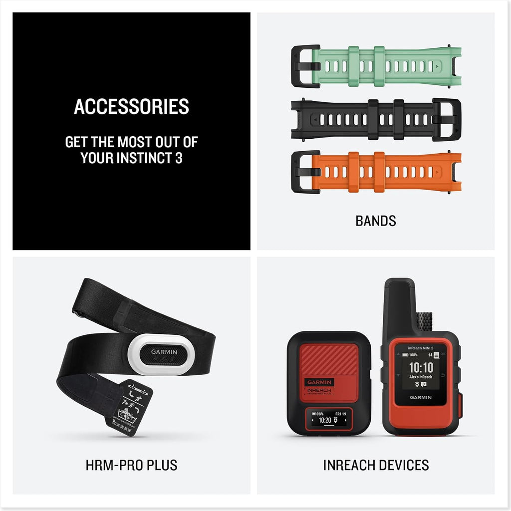 Présentation : Garmin Instinct® 3 45 mm, montre connectée GPS robuste pour l'extérieur, avec écran solaire, lunette renforcée en métal et lampe torche intégrée, couleur noire.