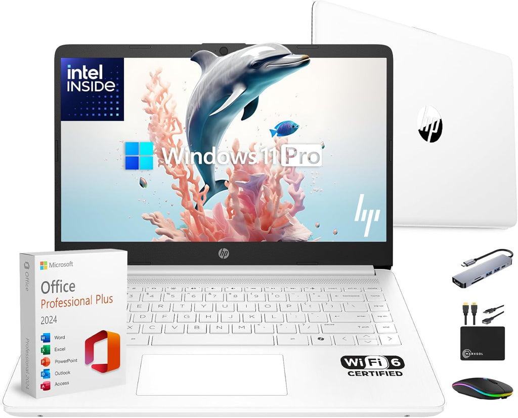 Ordinateur compact portable HP 14 fin et léger pour étudiants et professionnels (2026) avec suite Office, Copilot AI, processeur Intel jusqu'à 2,8 GHz, 8 Go de RAM, 628 Go de stockage (128 Go SSD + 500 Go extensible), Wi-Fi 6, Windows 11 Pro