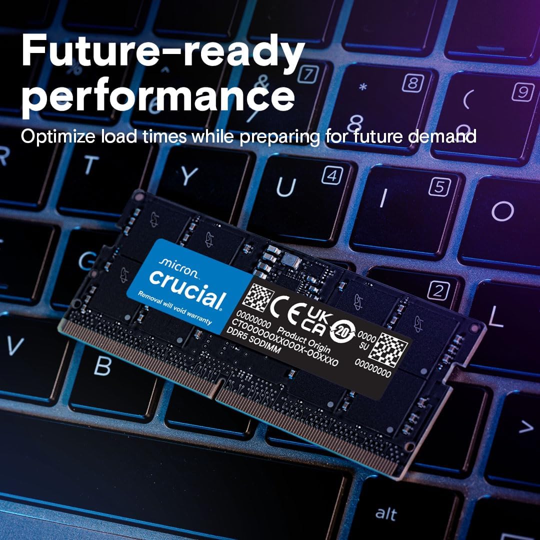 Kit de mémoire vive Crucial DDR5 64 Go (2 x 32 Go), 4 800 MHz CL40 pour ordinateur compact portable - SODIMM 262 broches - Compatible avec les processeurs Intel Core de 12e génération - CT2K32G48C40S5