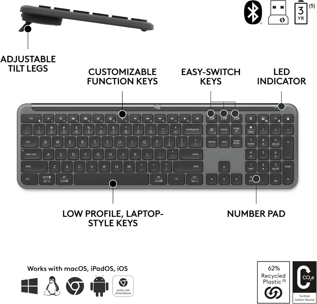 Ensemble clavier et souris à connectivité sans fil Logitech Signature Slim MK955 pour professionnels : frappe silencieuse, récepteur sécurisé, Bluetooth, certification internationale, compatible Windows/Mac/Chrome/Linux - Graphite
