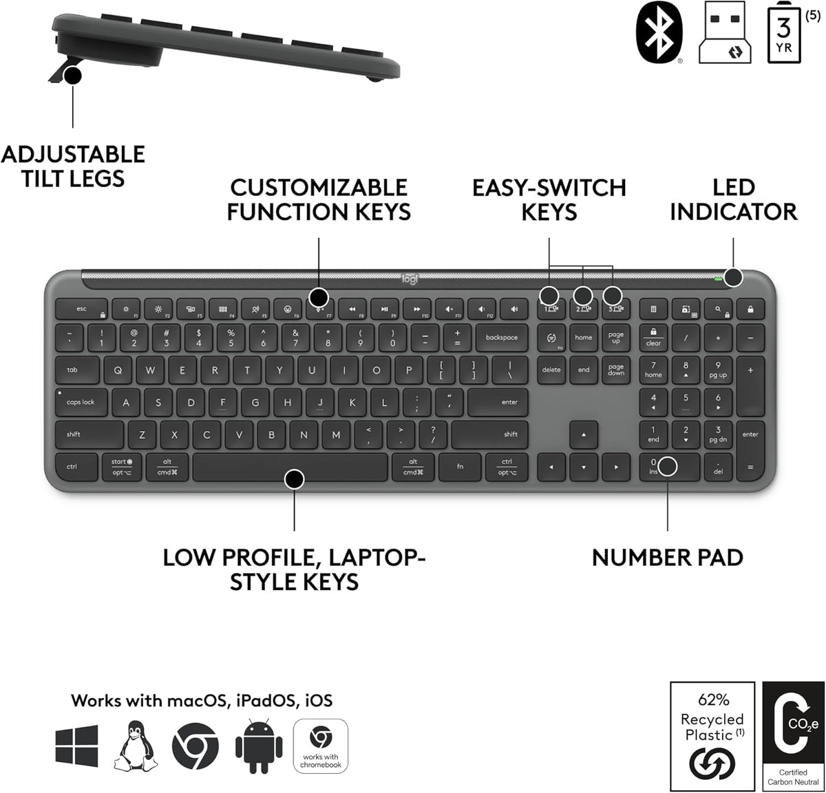 Ensemble clavier et souris à connectivité sans fil Logitech Signature Slim MK955 pour professionnels : frappe silencieuse, récepteur sécurisé, Bluetooth, certification internationale, compatible Windows/Mac/Chrome/Linux - Graphite