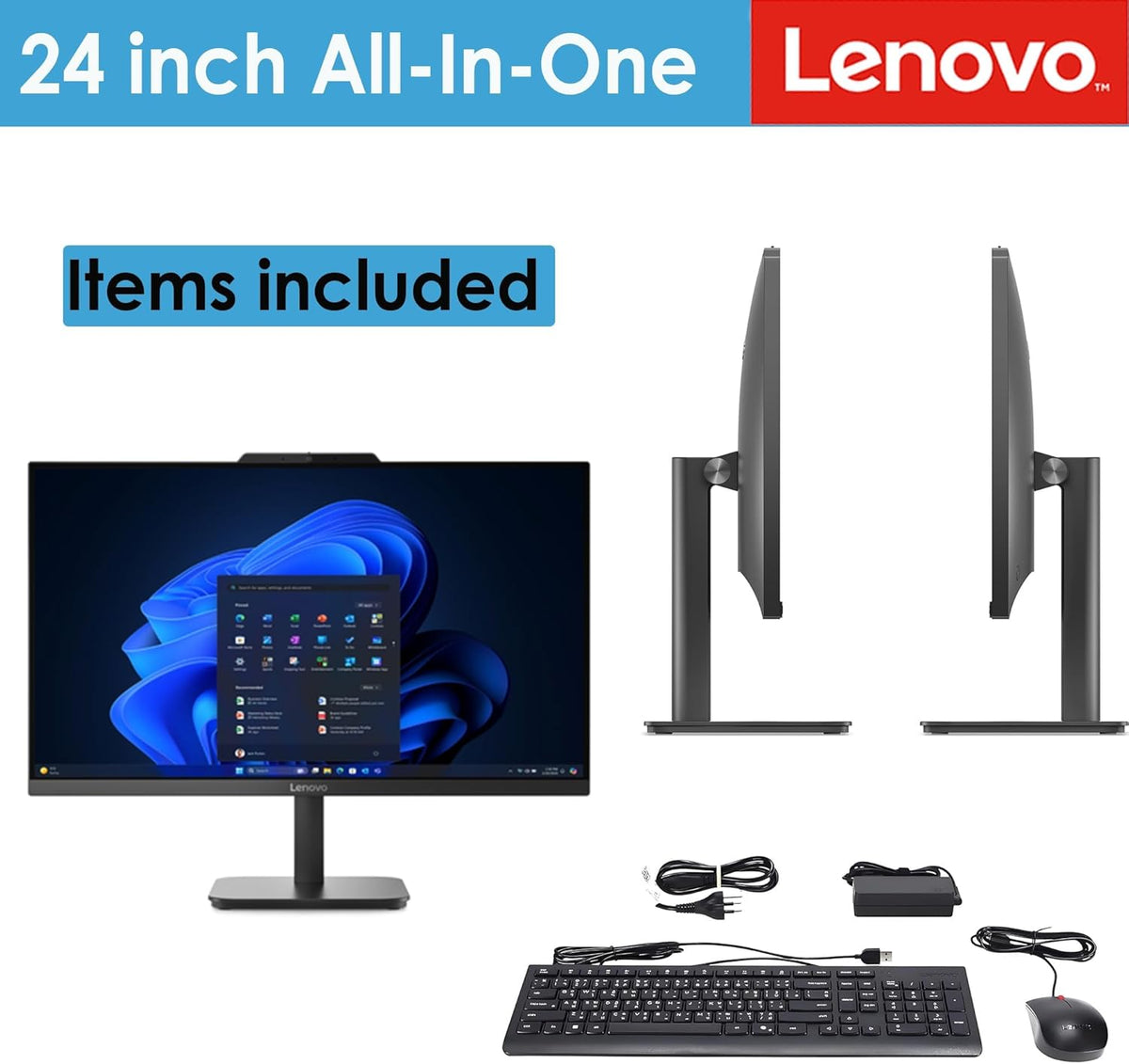 Ordinateur de bureau tout-en-un Lenovo AIO 24 FHD, licence à vie pour Office 365 pour le Web, processeur Intel quadricœur, 8 Go de RAM DDR4, SSD PCIe de 512 Go, Wi-Fi 6, Bluetooth 5.2, HDMI, noir onyx, clavier, Windows 11 Famille – Modèle pratique