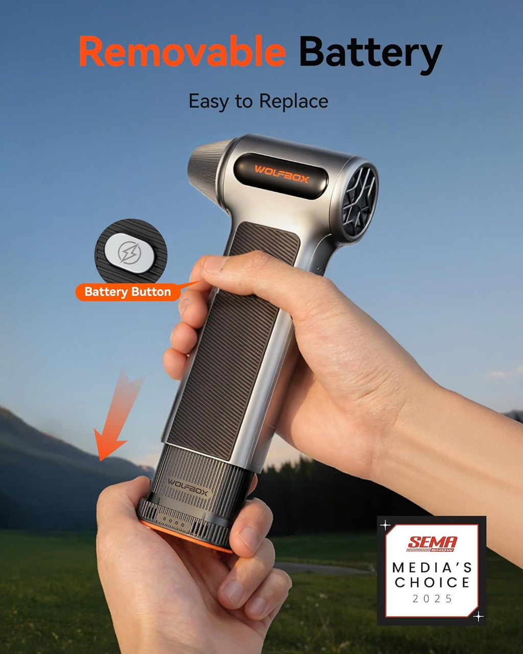 Souffleur à air comprimé WOLFBOX MF200 doté de batterie amovible et 4 embouts, mini souffleur à connectivité sans fil à 3 vitesses réglables pour clavier d'ordinateur, nettoyage de voiture, maison et extérieur